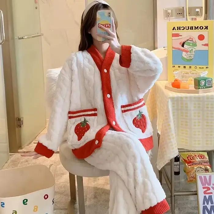 Pyjama épais en flanelle et velours corail fraise