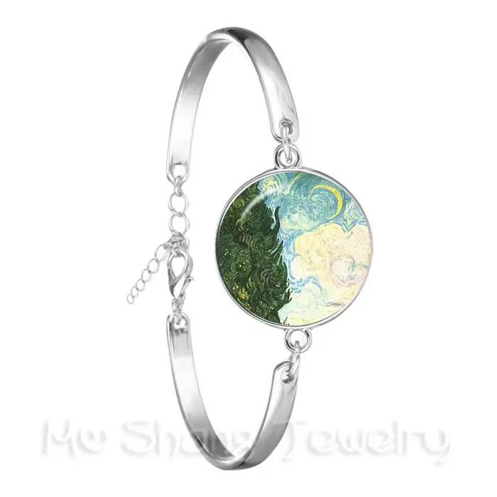 Bracelet nuit étoilée Van Gogh, image artistique, Cabochon en verre de 18mm, chaîne plaquée argent, bijoux tendance, cadeau pour femmes