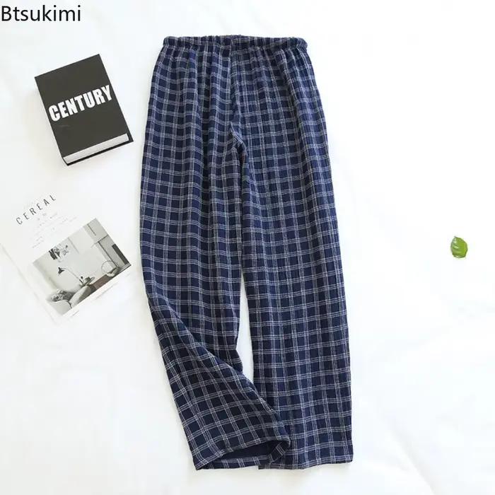 Bas de sommeil japonais pour hommes, pantalon de pyjama à carreaux en treillis Simple, fil de coton 100%, vêtements de maison, taille élastique, nouvelle collection 2026