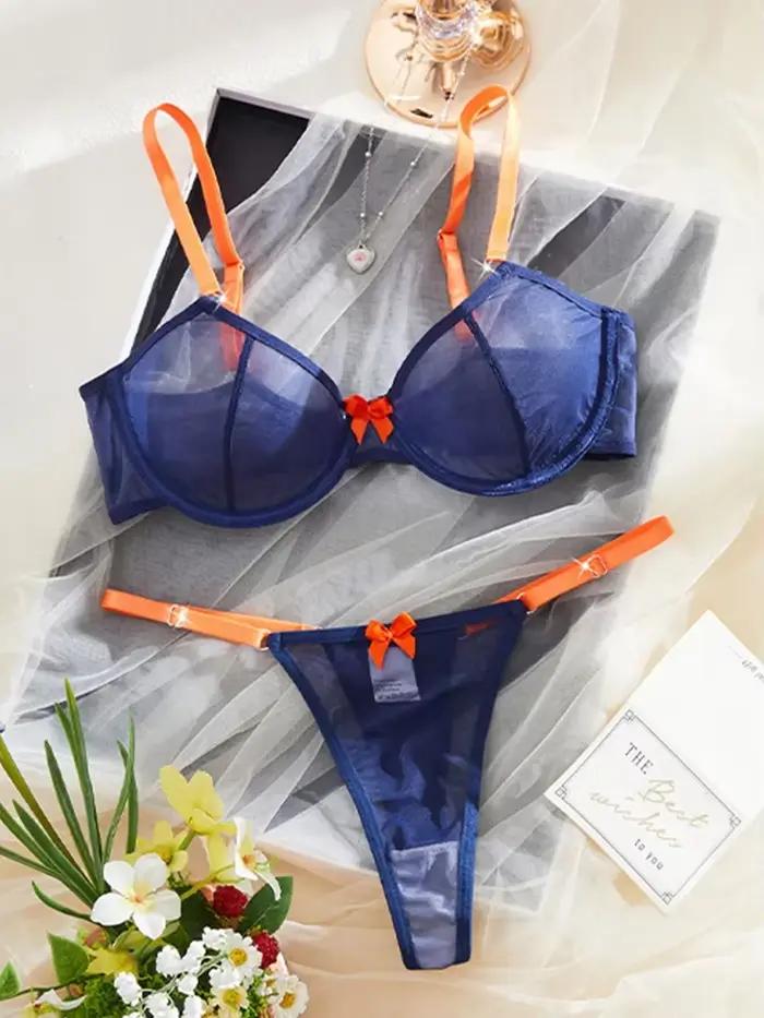 Ensemble de lingerie féminine bleu marine à armatures et string orange à nœud pour femmes, lingerie sexy et contrastée, quotidienne et romantique