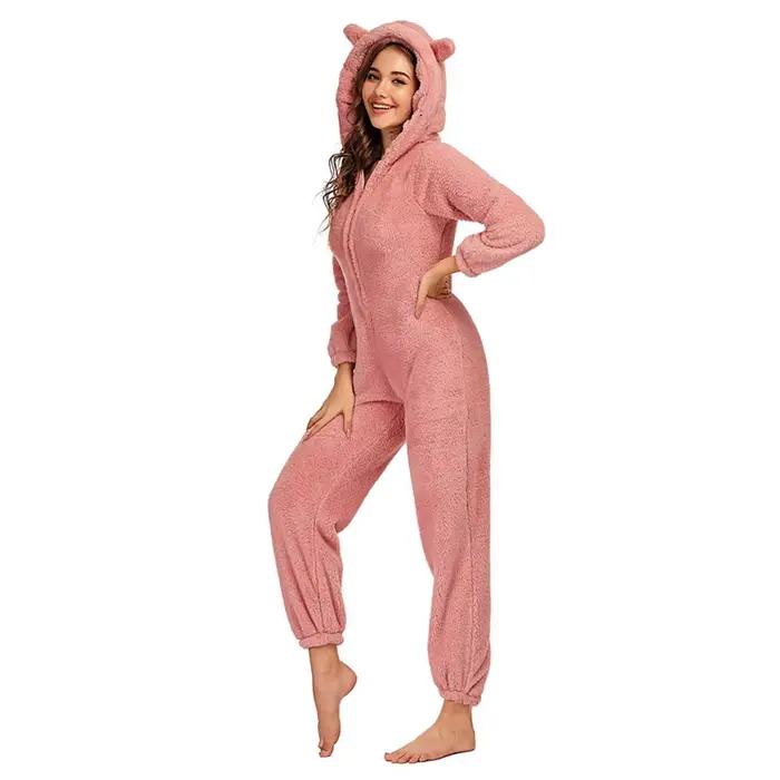 Femmes polaire Oneseies fermeture éclair à capuche Pyjamas barboteuses vêtements de nuit confortables
