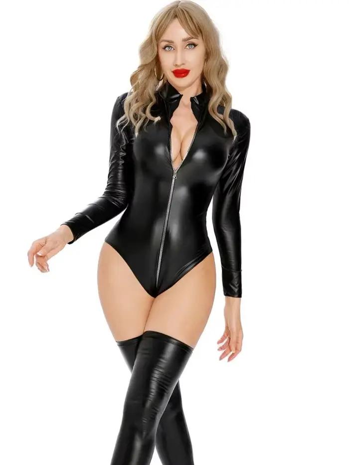 Combinaison sexy en similicuir élastique avec fermeture éclair à l'entrejambe, manches longues, body moulant, cosplay, tenue de club, teddy, maillot de bain
