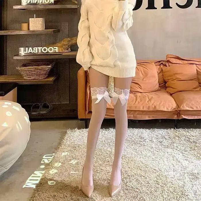 Collants et bas pour femmes et filles, sexy, noirs, avec bordure en dentelle, motif papillon blanc, pour soirée et boîte de nuit