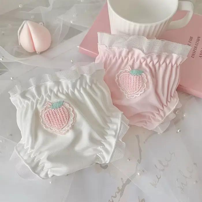 Femmes mignon fraise culottes doux volants slips confort Satin dessin animé pêche sous-vêtements fille Kawaii Lingerie