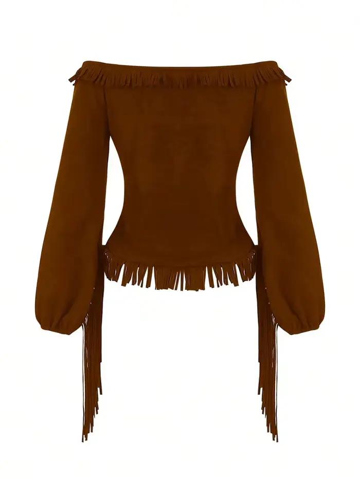 T-shirt moulant sexy à épaules dénudées pour femme, manches longues, style rétro western, avec franges, hauts pour femmes, camisetas