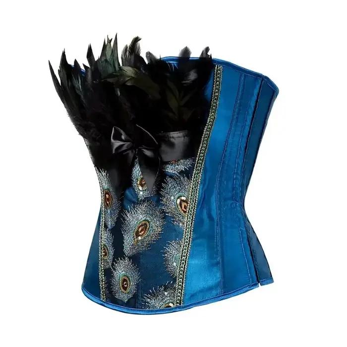 Femmes Sexy noir Corset paon plume broderie Vintage bleu Bustier gothique Shaperwear Burlesque surbuste à lacets Corsets