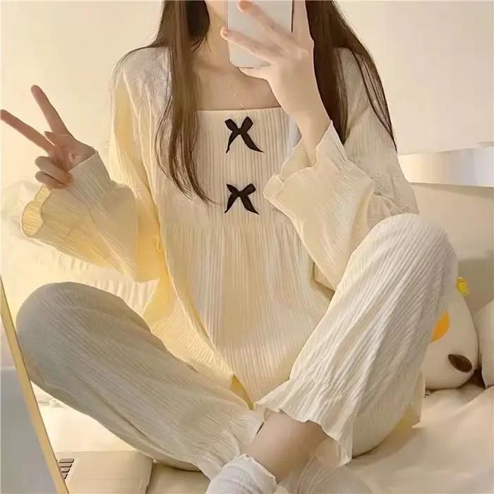 Pyjama femme 2 ensembles de vêtements de maison filles printemps et automne pantalons à manches longues doux étudiant
