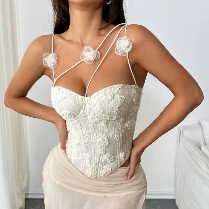Corset chic pour femme en dentelle 3D rose crème