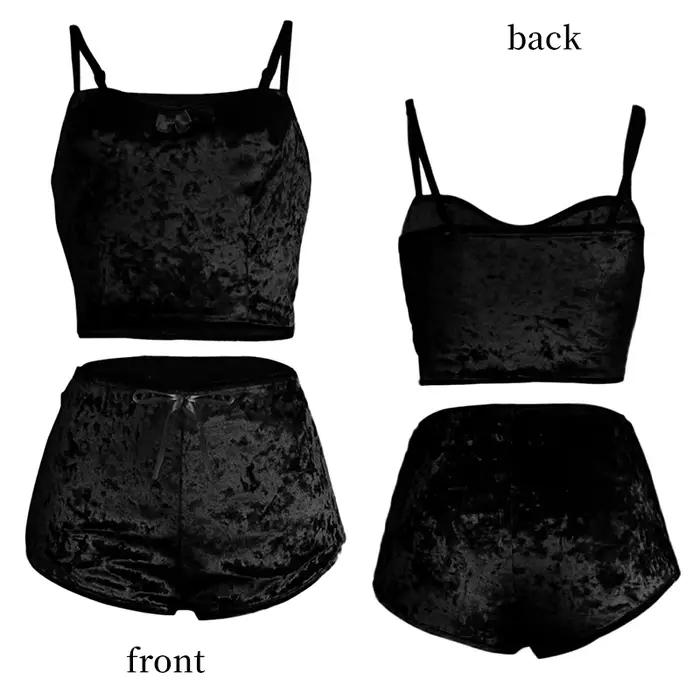 Ensemble de vêtements de nuit à bretelles Sexy pour femmes, ensemble deux pièces en velours noir et doré, ensemble de vêtements de nuit pour la maison