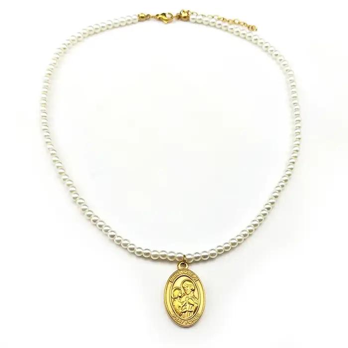 Saint Joseph prière pour nous pendentif collier pour femmes filles en acier inoxydable perle couleur or foi amulette chaîne catholique bijoux