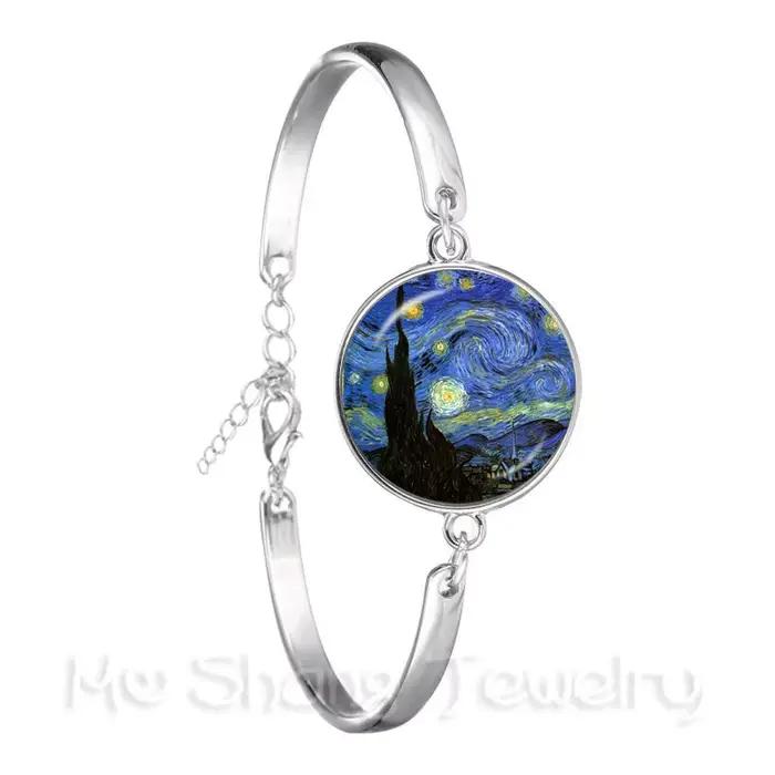 Bracelet nuit étoilée Van Gogh, image artistique, Cabochon en verre de 18mm, chaîne plaquée argent, bijoux tendance, cadeau pour femmes
