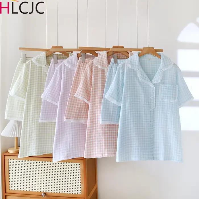 Pyjama en coton de gaze fine pour femmes ensemble pantalon de nuit imprimé à carreaux manches courtes vêtements de nuit en dentelle deux pièces été