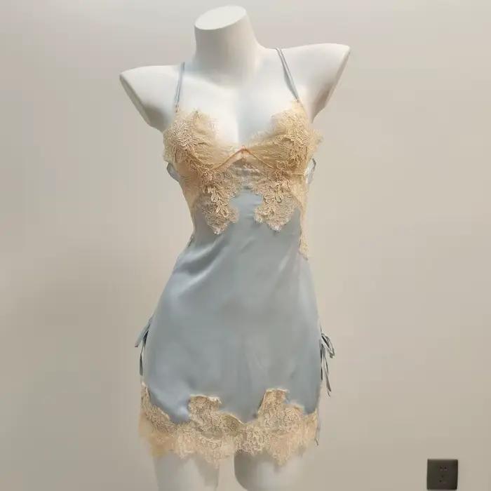 InjNightgScottsdale-Pyjama sexy en dentelle, chemise de nuit en V profond, petite poitrine creuse, robe de pyjama à licou, vêtements de maison, pur désir, haute qualité