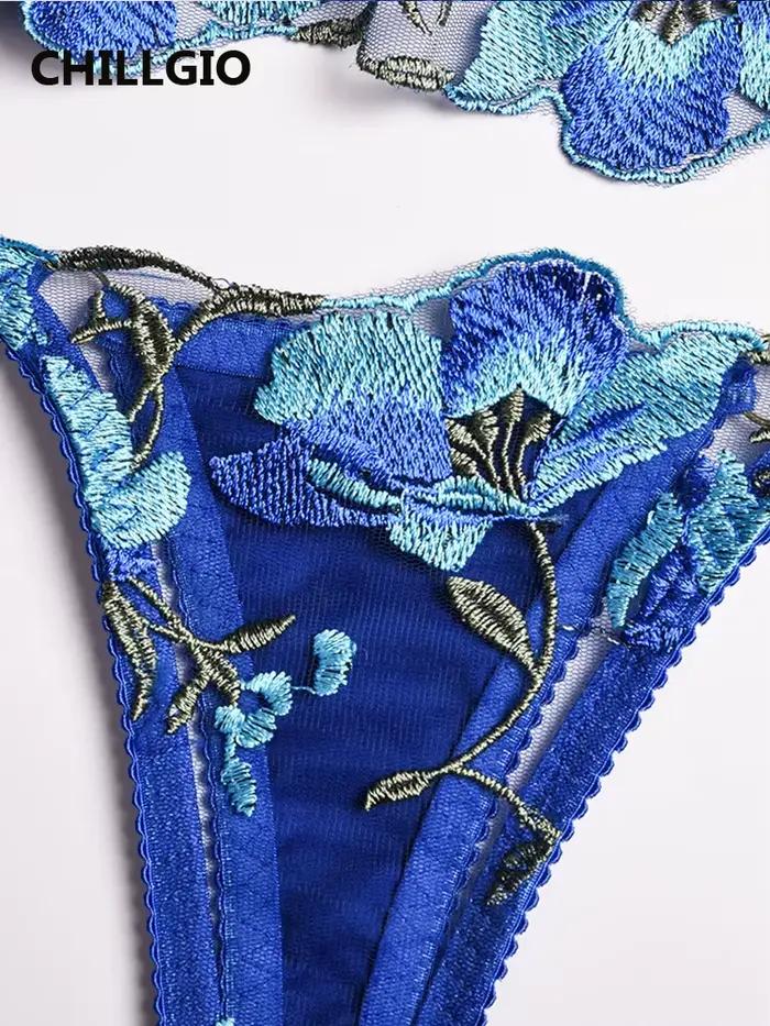 CHILLGIO femmes broderie florale dentelle soutien-gorge bref costumes mode 3 pièces érotique intime Lingerie Push Up à armatures ensembles de sous-vêtements