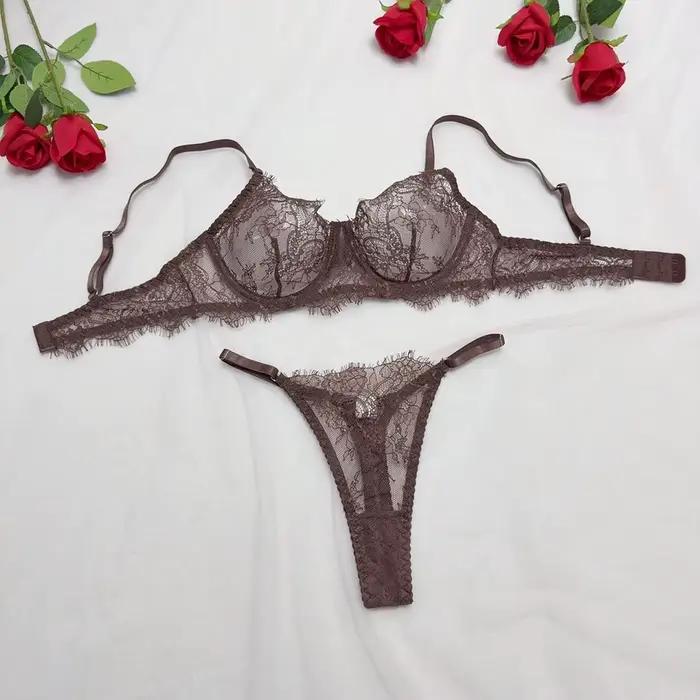 Ensemble de lingerie femme marron en dentelle à cils