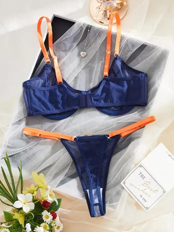 Ensemble de lingerie féminine bleu marine à armatures et string orange à nœud pour femmes, lingerie sexy et contrastée, quotidienne et romantique