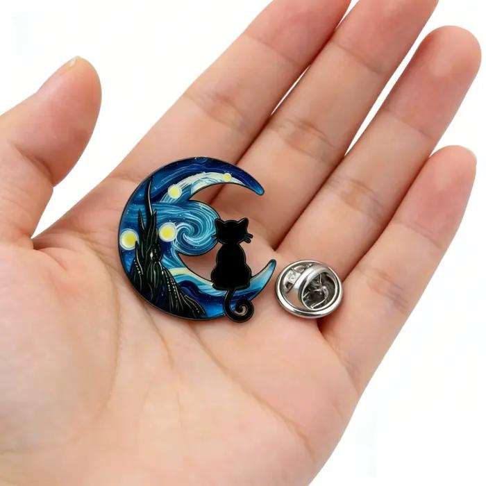 Broche Van Gogh La Nuit étoilée, étoile, lune et chat noir, broches asymétriques ciel nocturne pour femme, bijoux d'anniversaire
