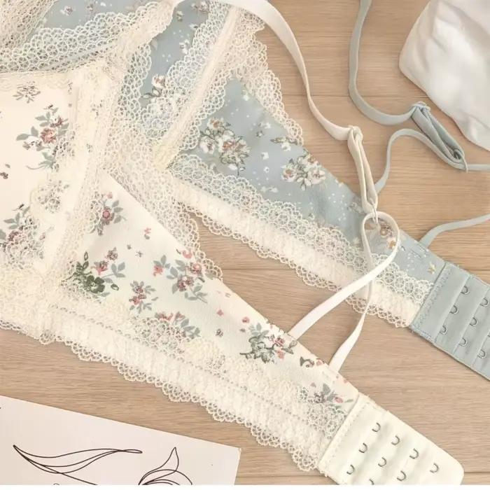 Soutien-gorge français Sexy en dentelle de gaze brodée, sans éponge, petits seins froncés, anneau en acier doux, Style pur désir