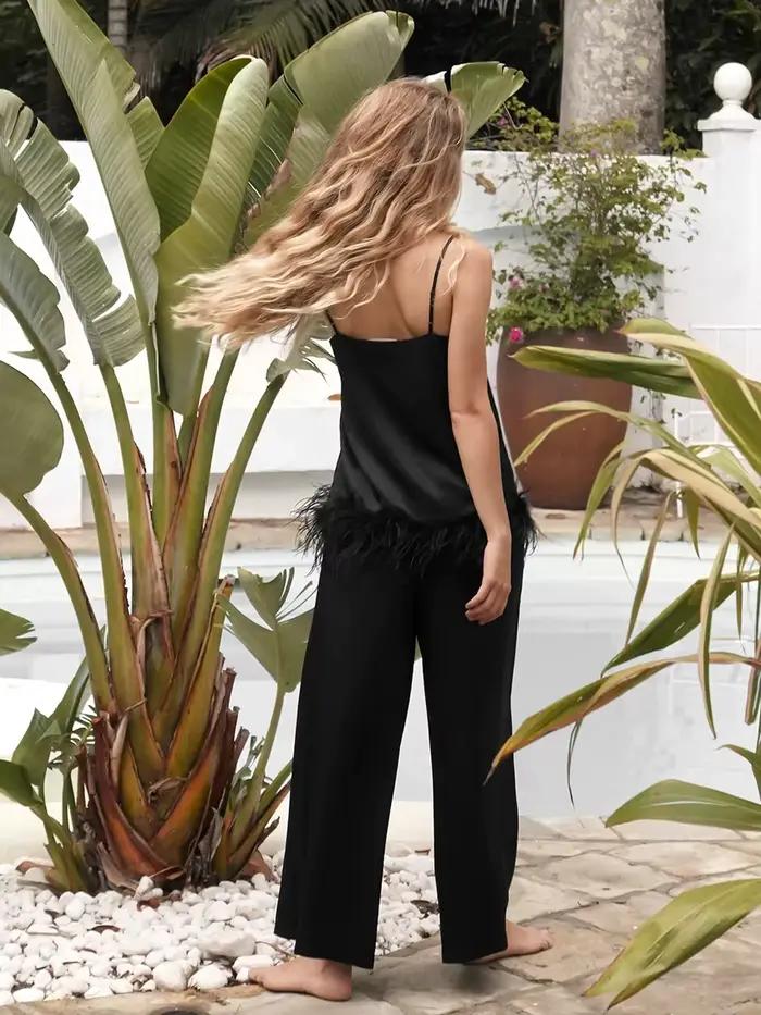 Pyjama en Satin avec plumes pour femmes, ensemble avec pantalon, bretelles Spaghetti noires, costume de maison, pantalon blanc, 2022