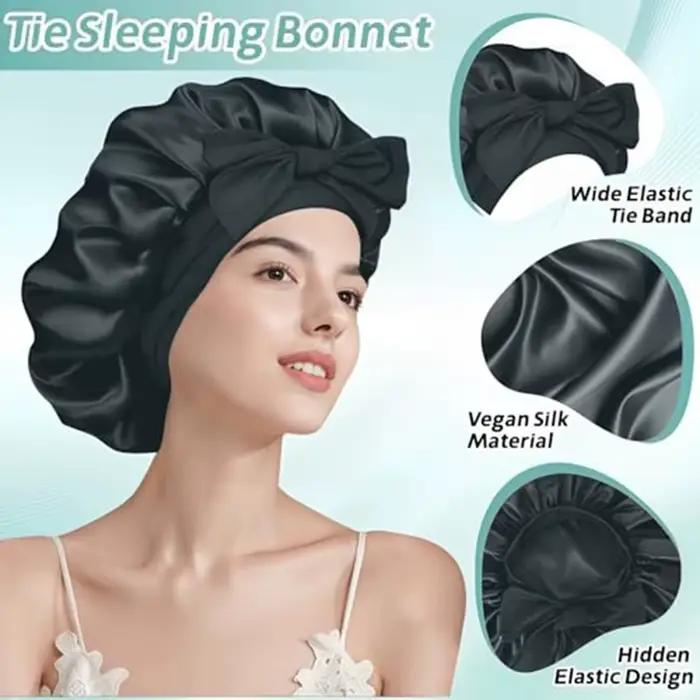 Bonnet de nuit en satin de soie pour femmes, bonnet de sommeil à large bord avec bande élastique, couleur unie, anti-frisottis