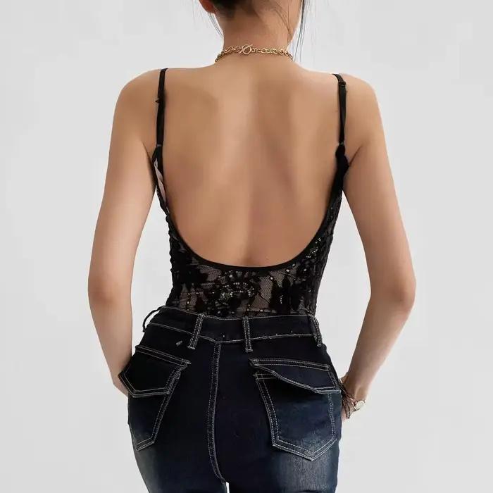 Combinaison Courte Femme Sexy Transparente en Dentelle avec Doublure