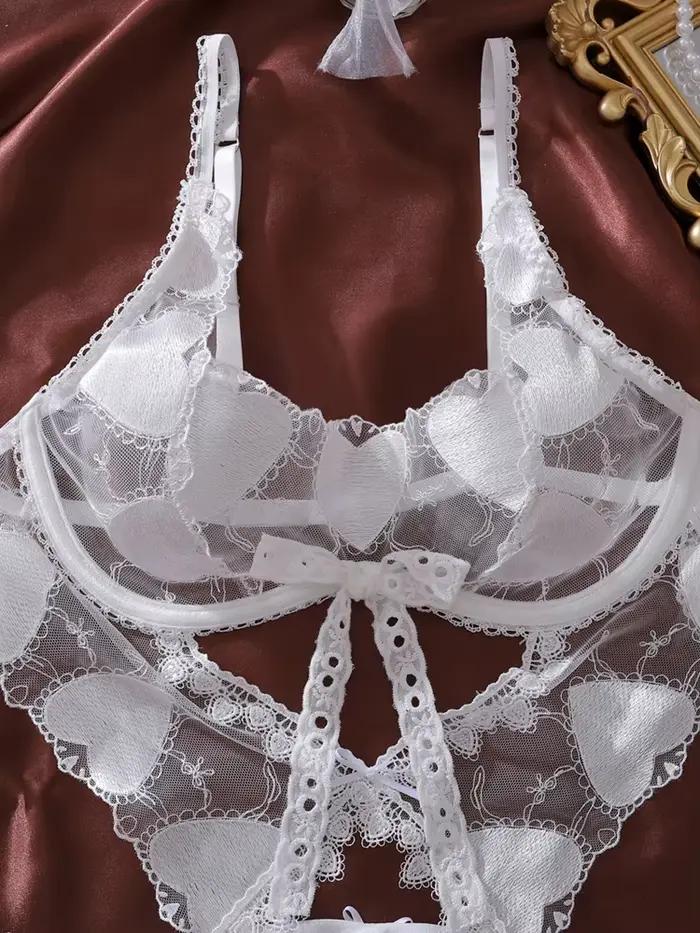 Body transparent en maille pour femme avec broderie cœur