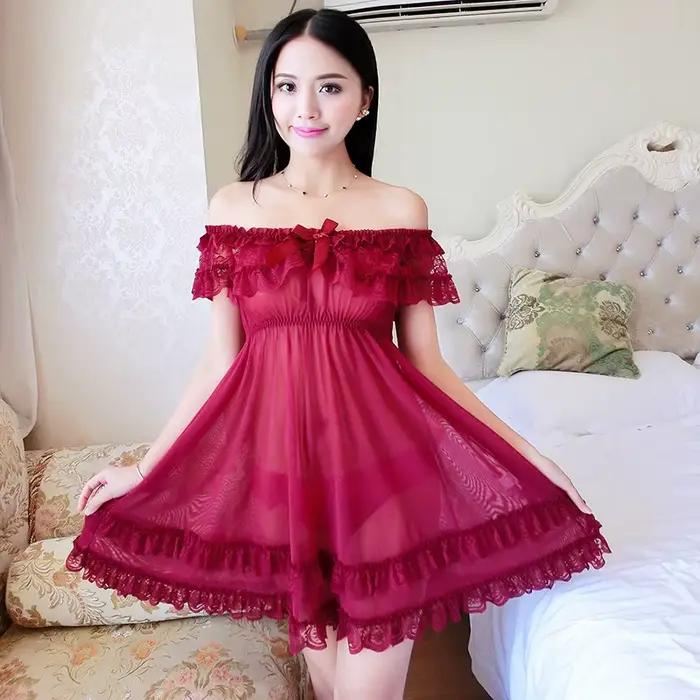 Ensemble de lingerie sexy en dentelle pour femmes, robe de nuit rouge avec culotte assortie, camisole en dentelle transparente, nuit romantique
