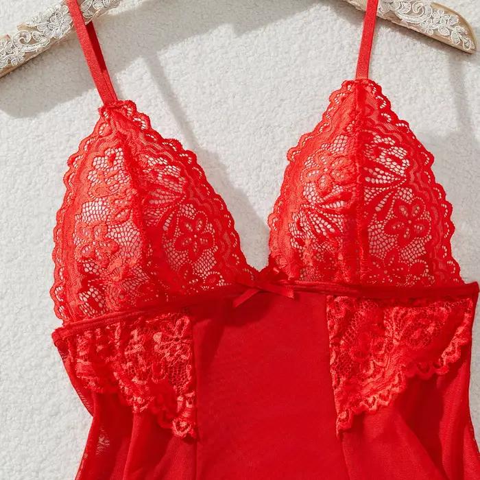 Ensemble de lingerie en dentelle rouge pour femmes, sous-vêtements, robe de nuit, soutien-gorge, chemise de nuit