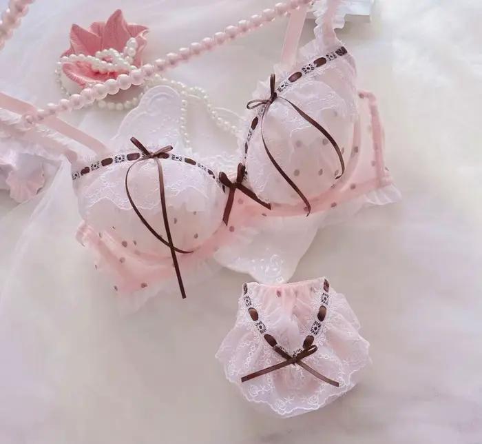 Lolita Kawaii Fashion Cute Dots Printing Mesh Lace Underwear Bra and Panties Set