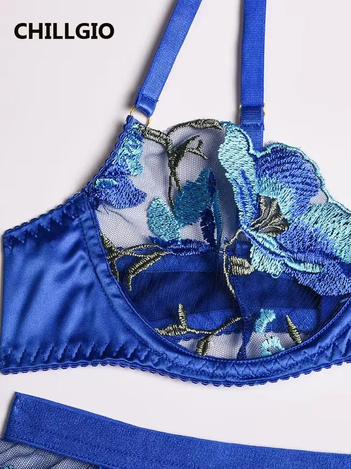 CHILLGIO femmes broderie florale dentelle soutien-gorge bref costumes mode 3 pièces érotique intime Lingerie Push Up à armatures ensembles de sous-vêtements