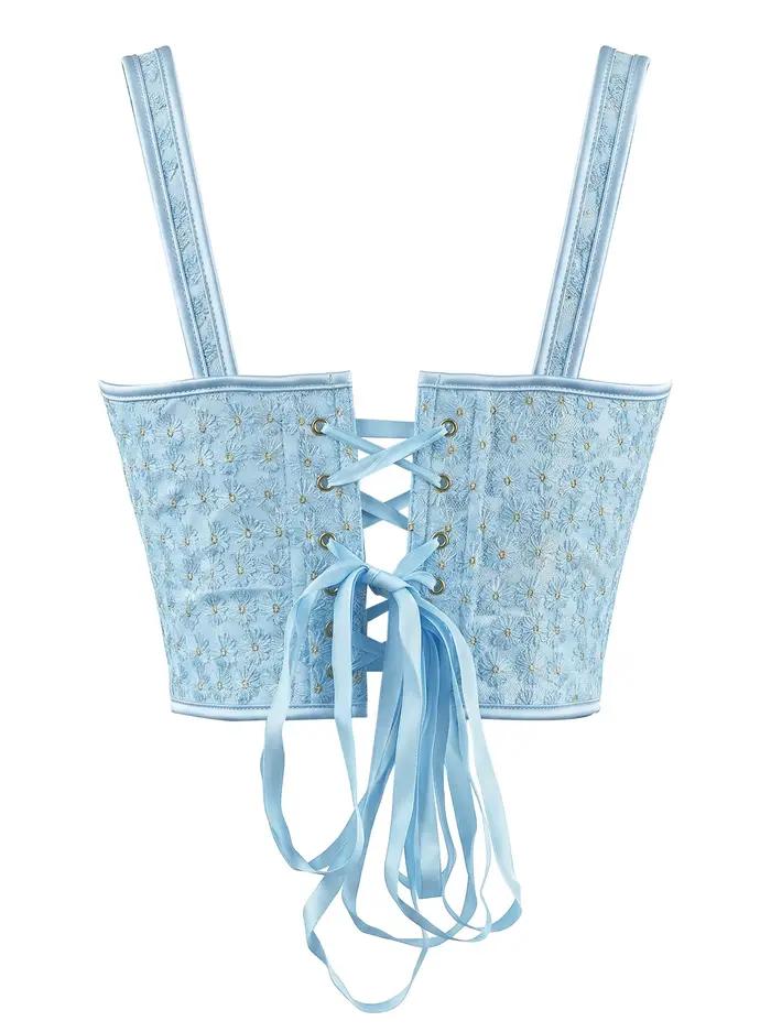 Corset moulant sexy bleu pâle à double bretelle brodé pour sculpter le corps et sublimer la silhouette