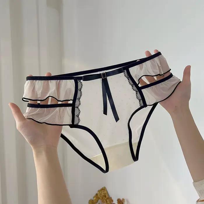 Culotte femme Style dentelle à volants mignon taille basse maille transparente Sexy caleçon doux coton creux attaché nœud slips Lingerie