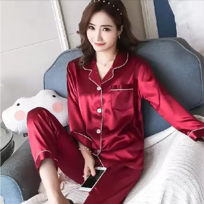 Femmes soie Satin Pyjamas ensemble vêtements de nuit Pijama