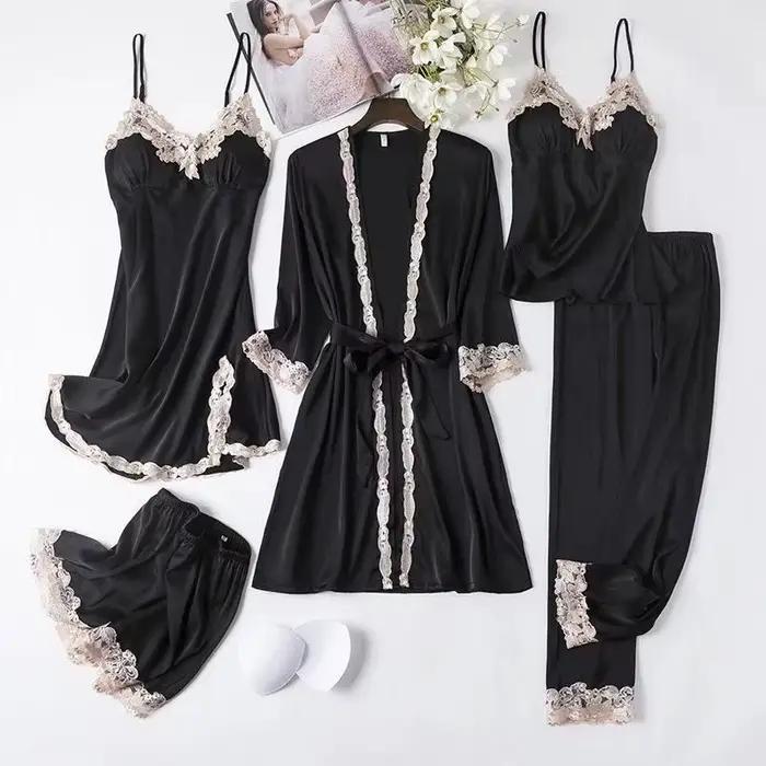 Nouvel Ensemble de Pyjama de Luxe en Satin 5 Pièces pour Femme 2025 – Vêtements de Nuit Soyeux avec Robe