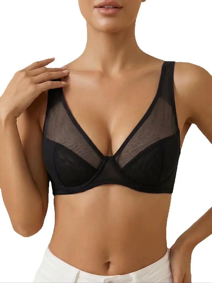 Soutien-gorge push-up en maille transparente pour femme, bonnets fins, avec armatures, respirant, empiècements en maille, bretelles réglables, lingerie quotidienne