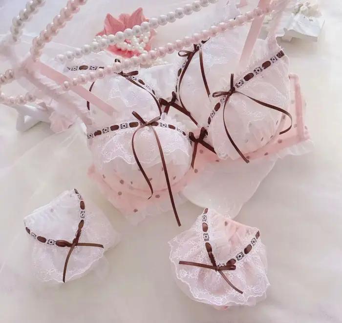 Lolita Kawaii Fashion Cute Dots Printing Mesh Lace Underwear Bra and Panties Set