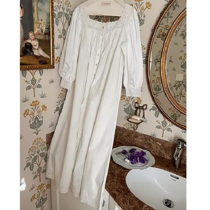 Vintage broderie coton longues chemises de nuit pour dame à manches