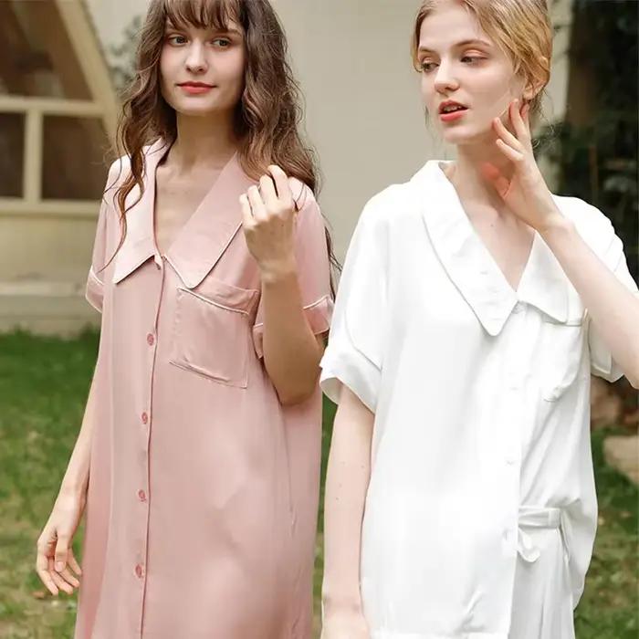 Robe de Nuit Mi-Longue à Manches Courtes et Col Rabattu pour Femme