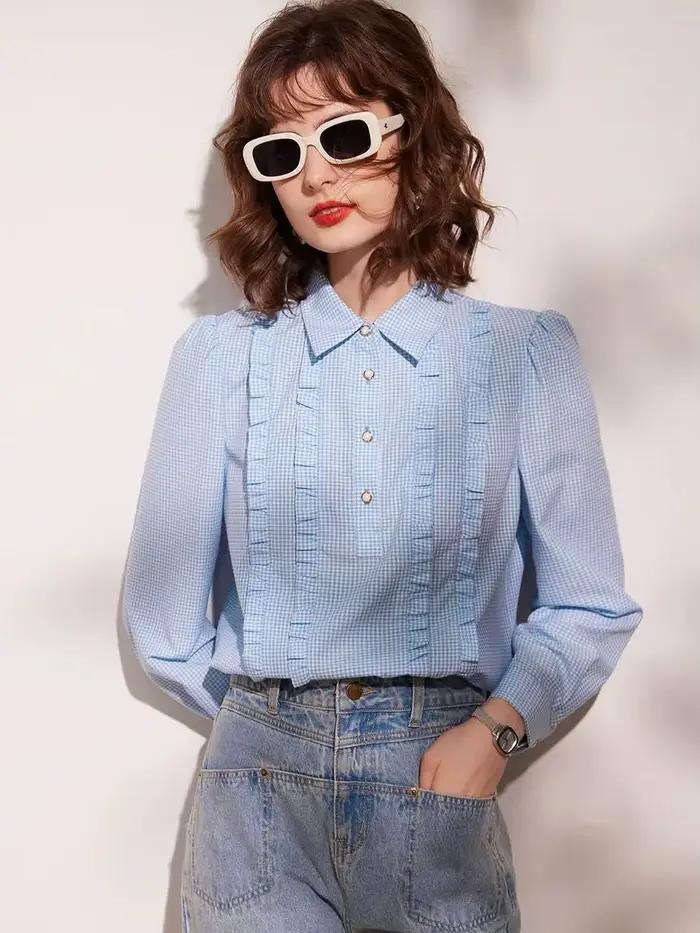 Modiis Yao-Chemise à carreaux à manches longues et bouffantes pour femme