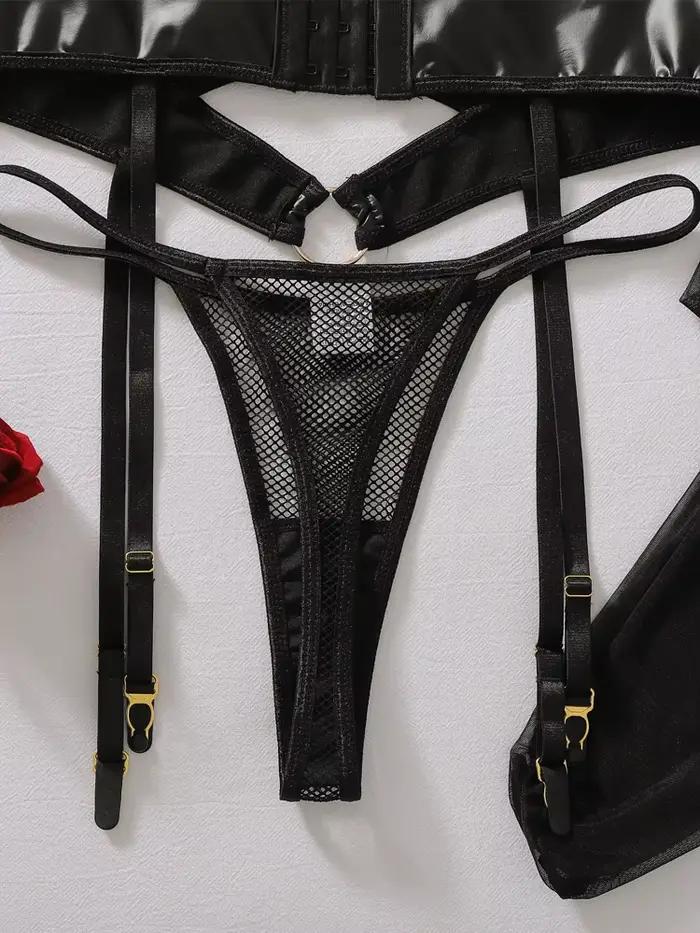 Ensemble 3 pièces de lingerie sexy en cuir PU et résille