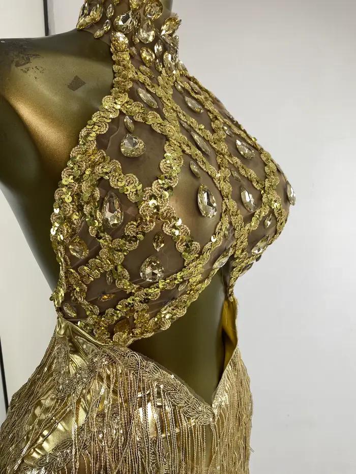 Femmes or soirée Club robe de soirée Sexy licou dos nu brillant strass paillettes gland moulante Mini barre de nuit Costumes
