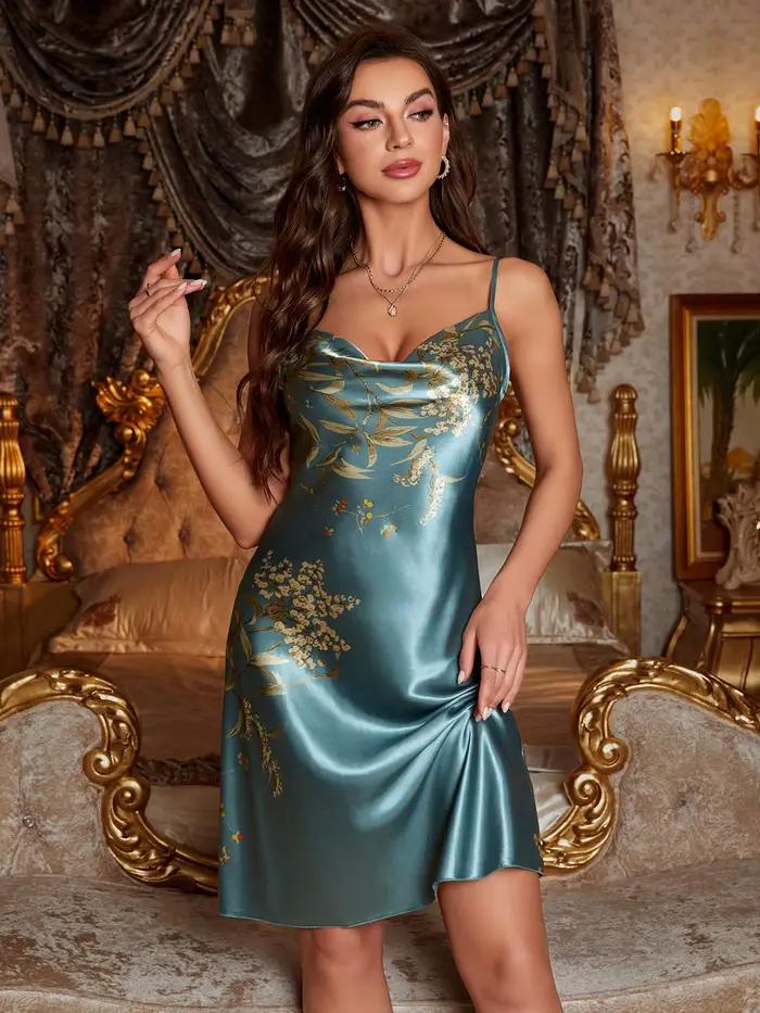 Style européen et américain imprimé imitation soie sexy robe de maison mode licou slip chemise de nuit