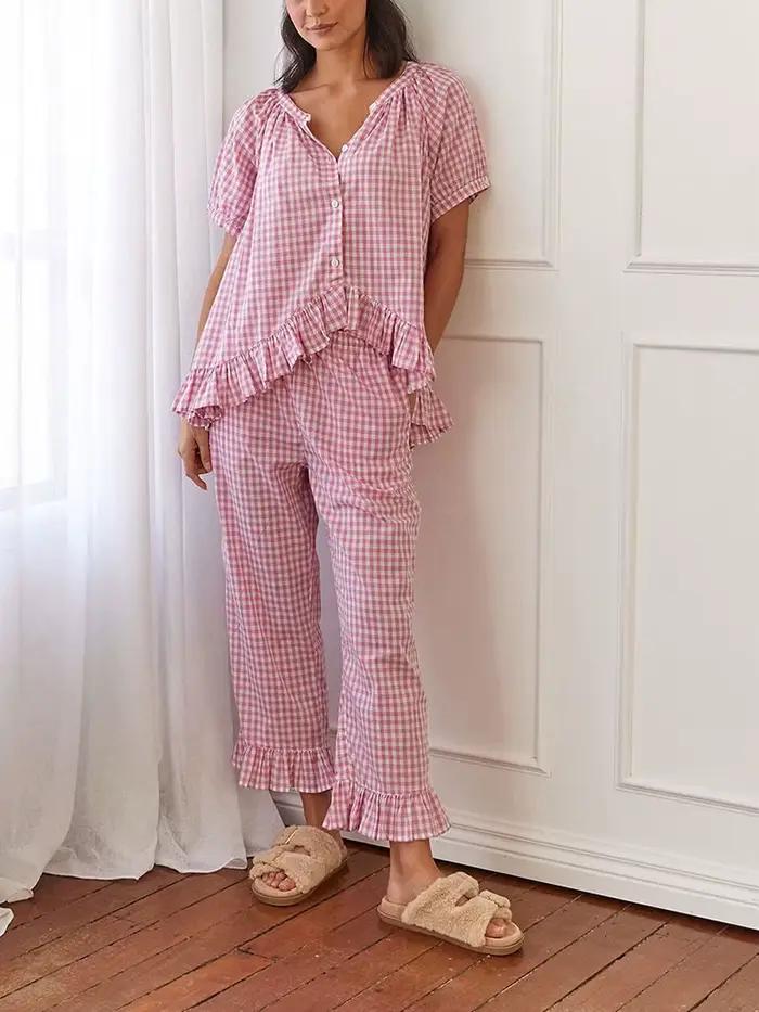 Pyjama à carreaux à manches bouffantes sur le devant pour femmes
