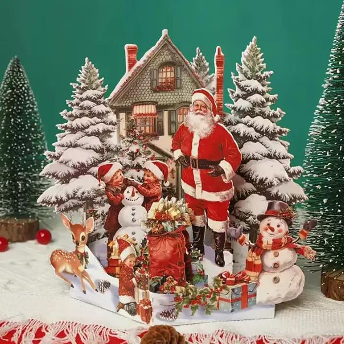 Carte de noël 3D, scène de nuit avant noël avec père noël, renne, Village enneigé et ciel clair de lune, carte de vœux de vacances Festive F