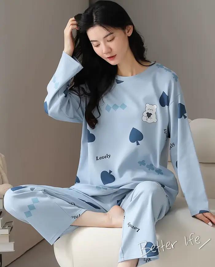 2 pièces/ensemble pyjama femme printemps et automne pantalon à manches longues dessin animé mignon peut être porté à l'extérieur de loisirs et confortable studen