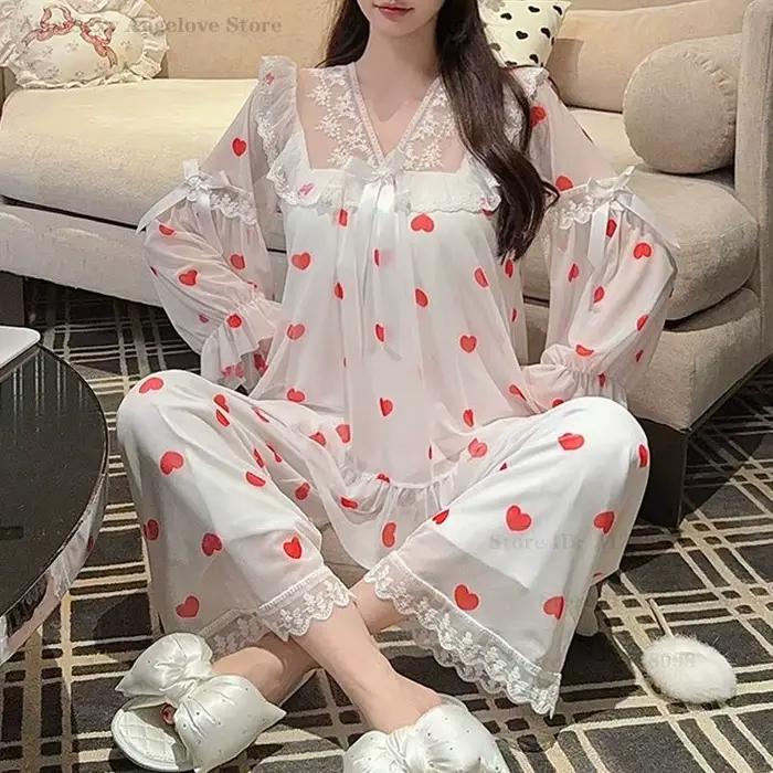 Nouveau doux maille pyjamas ensemble Sexy dentelle princesse Style vêtements de nuit décontracté imprimé