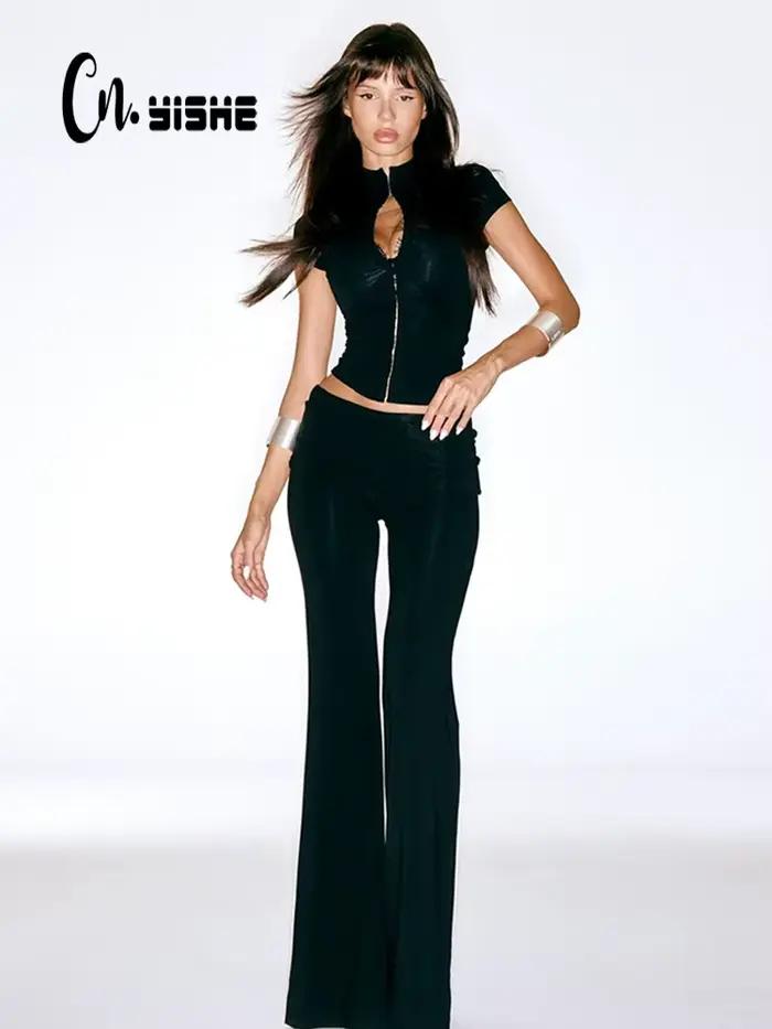CNYISHE dentelle boucle femmes ensembles mode Cool demi col haut manches courtes gaine Chic t-shirts solide