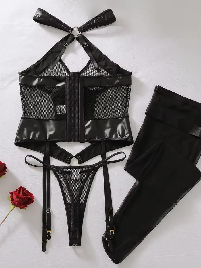Ensemble 3 pièces de lingerie sexy en cuir PU et résille