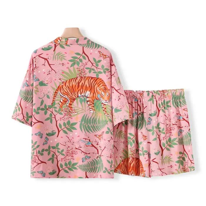 Pyjama en coton imprimé animaux tigre pour femmes, vêtements de nuit confortables, costume pour printemps et été, vêtements de maison pour dames