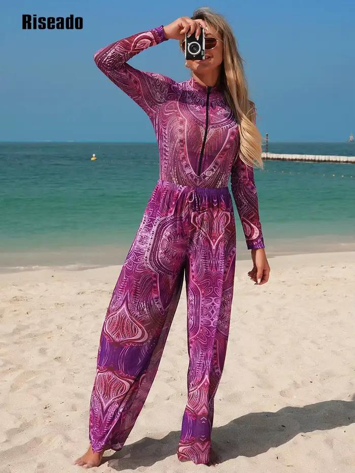 Maillot de bain en maille avec pantalon Long, imprimé abstrait, manches longues, vêtements de plage, Sexy, taille haute, vêtements de plage intelligents